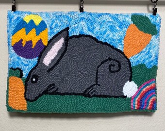 One of a Kind - Wall Art Traditional Rug Hooked Bunny Rug - Handmade by me 15.5"x10"