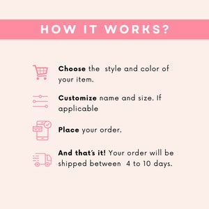 May include: A graphic illustration showing how to order a custom item. The steps are: choose the style and color, customize the name and size, place your order, and your order will be shipped in 4 to 10 days.