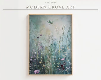 Vintage Oil Painting Wildflower Landscape - Dragonfly Meadow - Printable Art Digital Download - Spring Farmhouse Decor | Instant Access B12