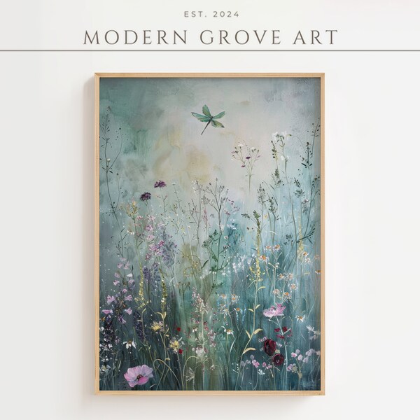 Vintage Oil Painting Wildflower Landscape - Dragonfly Meadow - Printable Art Digital Download - Spring Farmhouse Decor | Instant Access B12