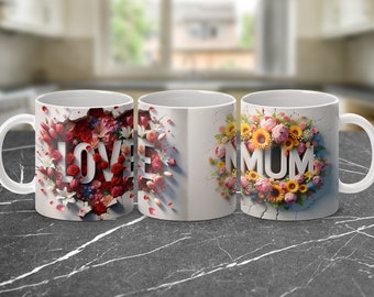 Floral Love and Mum 3D Lettering Coffee Mug, Perfect Gift for Mother's Day, Valentine's Day