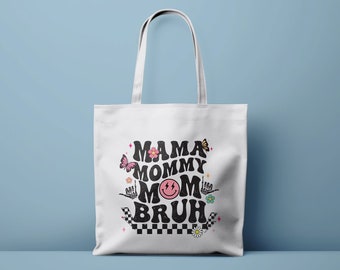 Mama Mama Mom Bruh Grappig Citaat Tote Bag, Moederdag Cadeau, Stijlvolle Zwarte en Roze Tas, Bloemen- en Vlinderontwerp