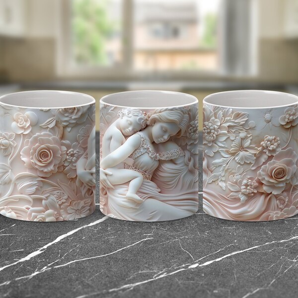 Sculpture angélique, tasse d'art en bas-relief, tasse à café au design floral ange serein, idée cadeau déco unique