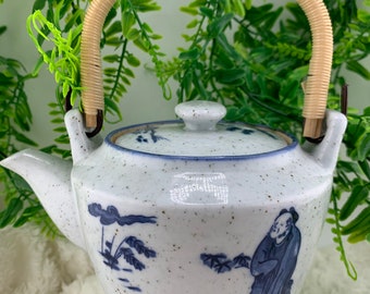 Asian Small Blue Porcelain Tea Pot Nature Scenery Men