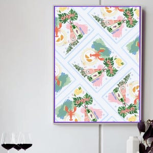 Póster imprimible de azulejos para pared de cocina italiana, decoración de vino y langosta, arte vacacional mediterráneo, descarga instantánea, decoración de dormitorio o apartamento