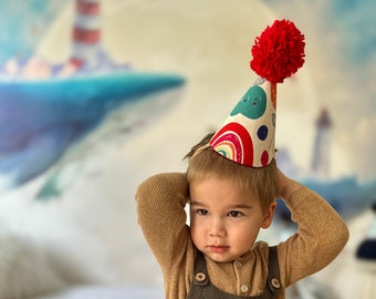 Baby Toddler 1st 2nd Birthday Party Hat, Boys Girls Rainbow Partyhat, Children's Handmade Keepsake Birthday Hat, Kids Cake Smash Photo Prop