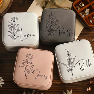 Personalized Birth Flower Jewelry Case, Jewelry Organizer, Travel jewelry box, Bridesmaid Proposal, Engraved Jewelry Case, Gift for Women.