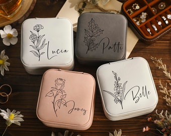 Personalized Birth Flower Jewelry Case, Jewelry Organizer, Travel jewelry box, Bridesmaid Proposal, Engraved Jewelry Case, Gift for Women.