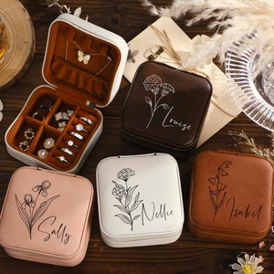 Personalisiertes Schmuckkästchen mit Geburtsblumen, Schmuck-Organizer, Reise-Schmuckkästchen, Brautjungfern-Antrag, graviertes Schmuckkästchen, Geschenk für Frauen. Bild 5