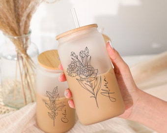 Birth Flower Coffee Cup With Name ,Personalized Birth Flower Tumbler, Bridesmaid Proposal, Gifts for Her, Beer Can Glass with Lid and Straw.