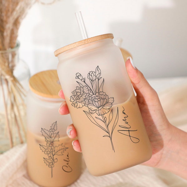 Birth Flower Coffee Cup With Name ,Personalized Birth Flower Tumbler, Bridesmaid Proposal, Gifts for Her, Beer Can Glass with Lid and Straw.