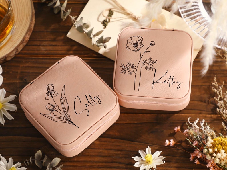 Personalisiertes Schmuckkästchen mit Geburtsblumen, Schmuck-Organizer, Reise-Schmuckkästchen, Brautjungfern-Antrag, graviertes Schmuckkästchen, Geschenk für Frauen. Bild 6