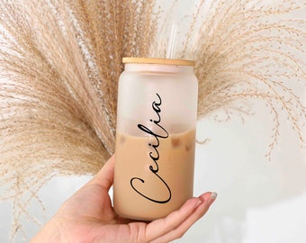Custom Iced Coffee Cup, Personalized 16oz Glass Cup, Beer Can Glass with Lid and Straw,Party Favor ,Bridesmaid Proposal,Cute Tumbler Cup.