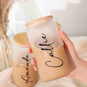 Bridesmaid coffee cup,Personalized 16oz Glass Cup,,Custom Iced Coffee Cup, Beer Can Glass with Lid and Straw,Party Favor ,Cute Tumbler Cup.
