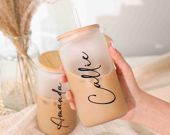 Bridesmaid coffee cup,Personalized 16oz Glass Cup,,Custom Iced Coffee Cup, Beer Can Glass with Lid and Straw,Party Favor ,Cute Tumbler Cup.