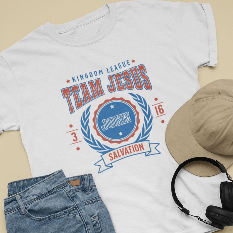 Varsity Team Jesus t-shirt in red white and blue.
