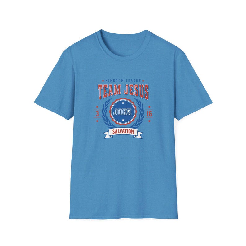 Team Jesus T-Shirt Vintage Collegiate Aesthetic Christian Apparel Faith-Based Gift Spiritual Wear Casual Church Tee Jersey Style Unisex Top Heather Sapphire