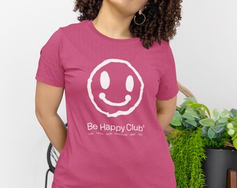 Maglietta unisex con faccina sorridente Be Happy Club, maglietta alla moda con scarabocchio, amore, fede, fiducia, gratitudine, sorriso, gioia, regalo per persone ottimiste, vibrazioni positive