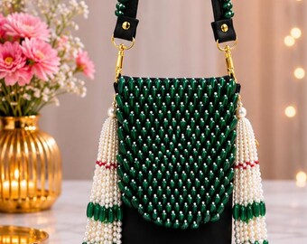 Green Beaded Phone Crossbody Bag | Pearl Tassel Shoulder Purse | Evening Bag