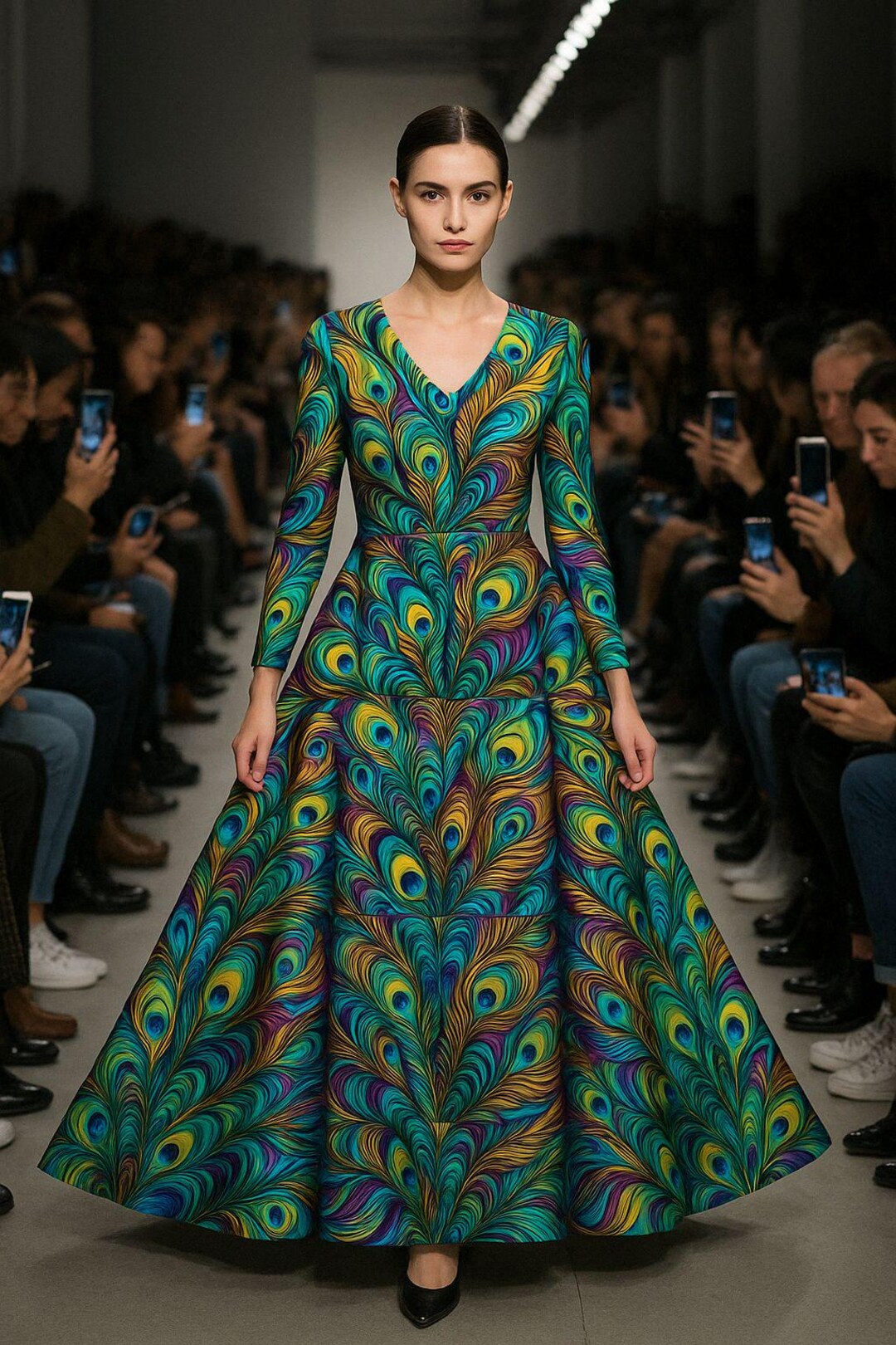 SHIRRED WAIST DETAIL LONG DRESS PEACOCK PROUD
