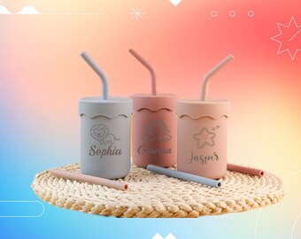 Custom Named Silicone Sippy Cup for Babies 6 Months+ with Straw, Personalized Engraved Toddler Training Cup Baby Gift Baby Shower Gift