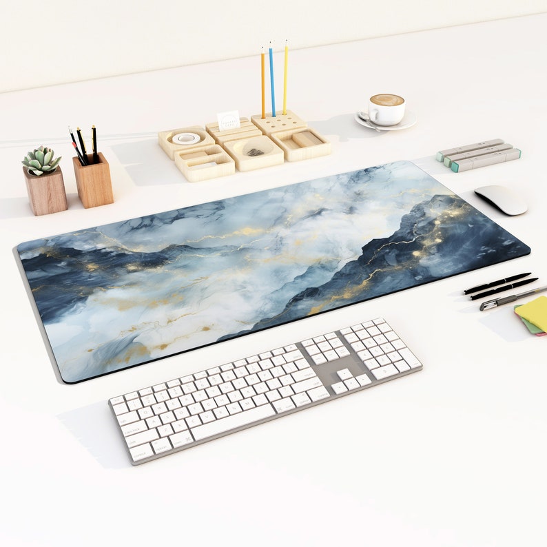Blue Marble Desk Mat Unique Bold Mouse Pad Stylish Office Decor ...