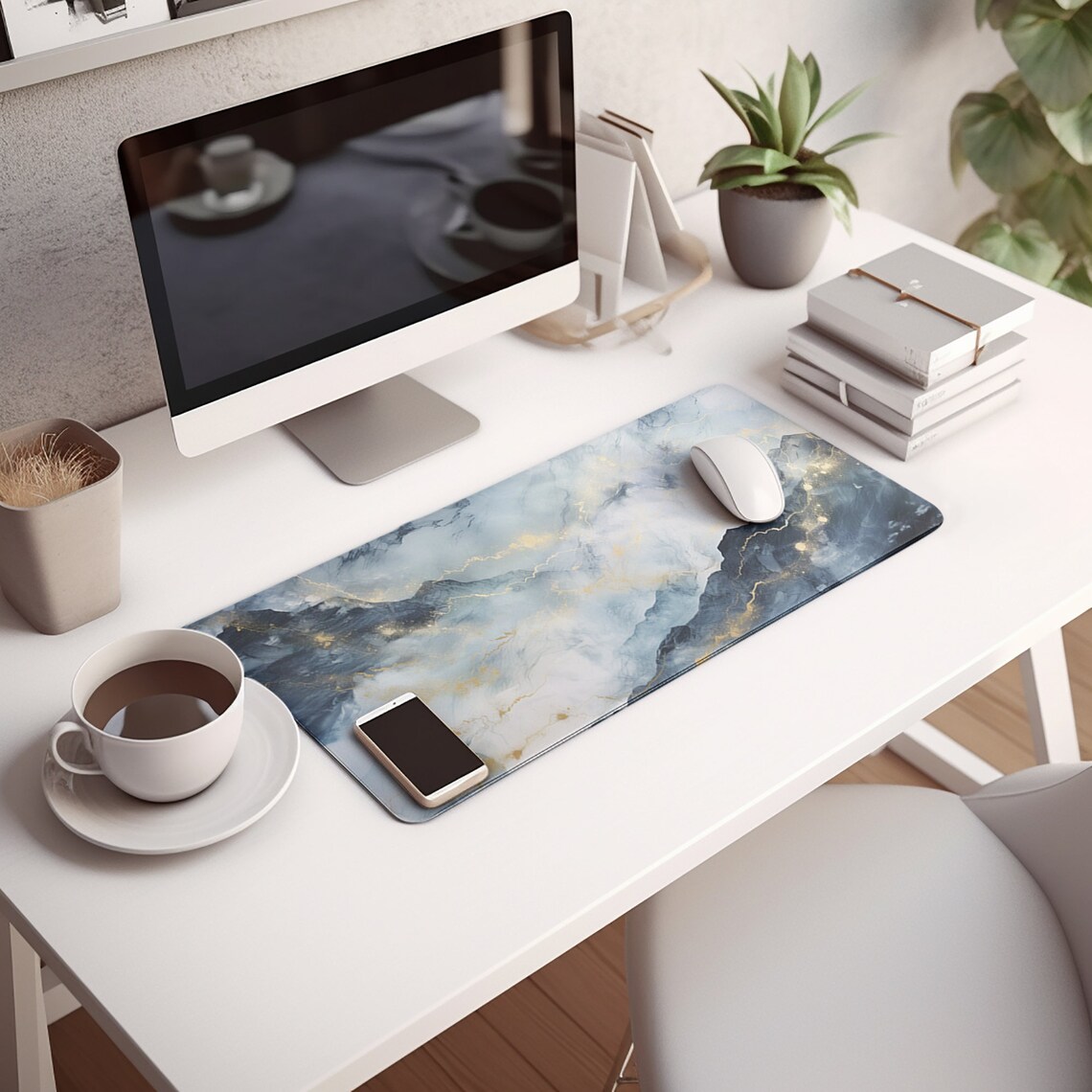 Blue Marble Desk Mat Unique Bold Mouse Pad Stylish Office Decor ...