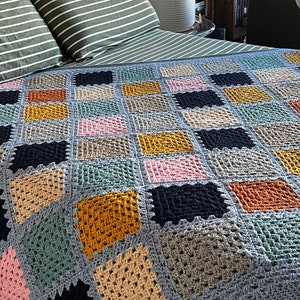 Handmade crochet blanket, 100% wool, quilt squares, soft pastels, original design