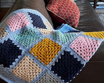 Handmade crochet blanket, 100% wool, quilt squares, soft pastel colors, original design