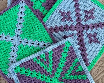 Set of 4 Crochet All-Purpose Cotton Kitchen Pads, use as potholders, dishcloths, trivets
