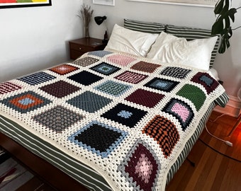 Handmade crochet blanket, 100% Peruvian highland wool, colorful patchwork squares, original design