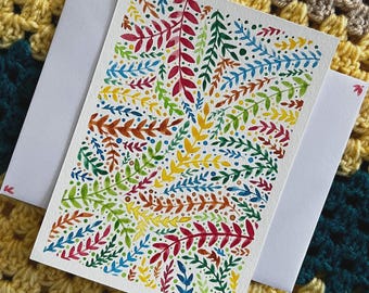 Set of 4 Hand painted greeting card with envelope, original botanical design, flat card