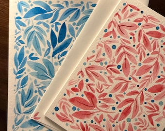 Set of 2 Hand painted greeting cards with envelopes, original botanical designs, bifold
