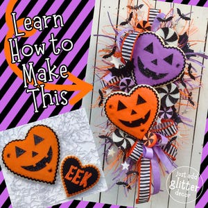 May include: A Halloween wreath with a purple, black, and white color scheme. The wreath is decorated with bats, candy canes, and hearts with jack-o-lantern faces. The text "Just add glitter decor" is visible in the bottom right corner.