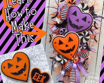 Zelfstudie Halloween-krans, geen naai-zelfstudie Halloween-krans, hoe maak je een Halloween-krans, zelfstudie hart voor Halloween