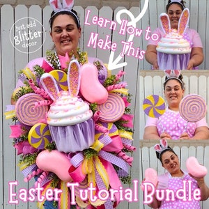 May include: An Easter tutorial bundle featuring a decorative cupcake with bunny ears, lollipops, and jelly beans. The image includes the text "Learn How to Make This" and "Easter Tutorial Bundle". The color scheme includes pink, purple, yellow, and white.