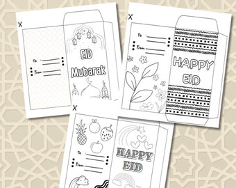 May include: Three printable Eid envelope designs. The first design features a mosque and the text "Eid Mubarak". The second design features a floral design and the text "Happy Eid". The third design features a rainbow, stars, and hearts and the text "Happy Eid".