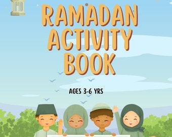 Puede incluir: Portada de libro de actividades para niños con el título "Ramadan Activity Book" en naranja. La imagen presenta ilustraciones de niños, linternas y estrellas sobre un fondo de cielo azul. Para niños de 3 a 6 años.
