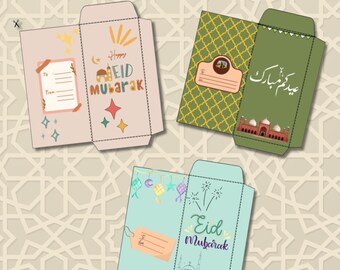 May include: Three printable Eid envelope designs. The first envelope is pink with a mosque and the text "Happy Eid Mubarak". The second envelope is green with a mosque and Arabic text. The third envelope is blue with a mosque and the text "Eid Mubarak".