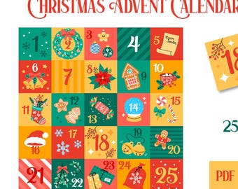 Christmas Advent Calendar Printable PDF | Cute Xmas Countdown for Kids 25 Cards | December 1 to 25 Vector Design | Digital Download JPG EPS