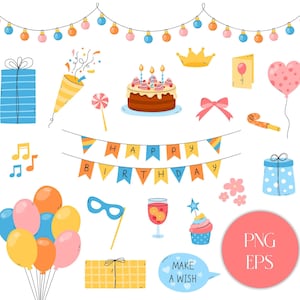 Birthday PNG Clip Art | Cute Clipart Bundle of Elements | Happy BDay Colorful Vector Illustrations | Birthday Cake, Balloons, Gift Boxes EPS