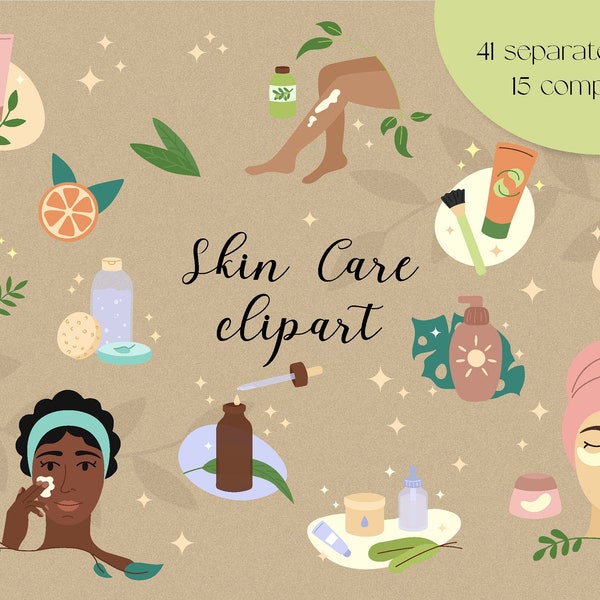 Skin Care Clipart | Selfcare Concept PNG Illustrations | Skincare Elements | Organic Cosmetics, Female Beauty, Wellness Concept