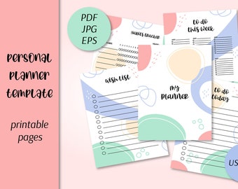 Personal Planner Printable Templates | US Letter PDF jpg eps Vector To Do List Pages | Daily Weekly Schedule Habits Tracker Wishlist