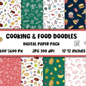 Op de afbeelding: Een digitaal papierpakket met 10 verschillende naadloze patronen met handgetekend voedsel en kookkrabbels. De patronen zijn in verschillende kleuren, waaronder rood, groen, blauw en wit. De patronen zijn 3600 x 3600 pixels en 300 dpi.