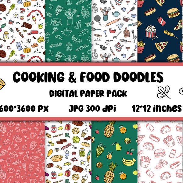 Cooking Food Digital Paper | JPG Doodle Meal Patterns Collection for Scrapbooking, Craft, Designs | Fruits Vegetables Desserts Fast Food