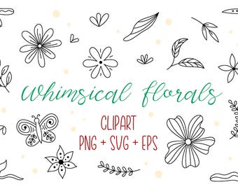 Skurril Blumen Clipart Bundle PNG SVG EPS | Niedliche Doodle Blumen, Blätter & Schmetterling | Handgezeichnete botanische Elemente für die Handwerkssublimation
