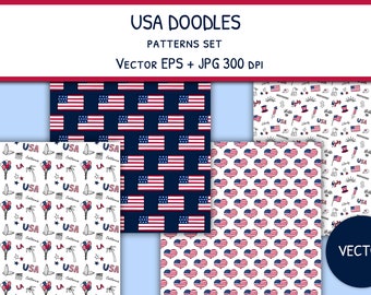 USA Digital Paper American Patterns United States Doodles Collection for Scrapbooking and Designs | Patriotic Seamless Backgrounds