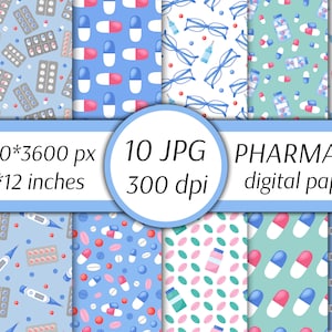 May include: Ten digital paper designs featuring pharmacy-themed illustrations. The designs include pills, thermometers, medicine bottles, and glasses. The designs are in blue, green, pink, and white on a white background. The text "PHARMACY digital paper" is included in the image.