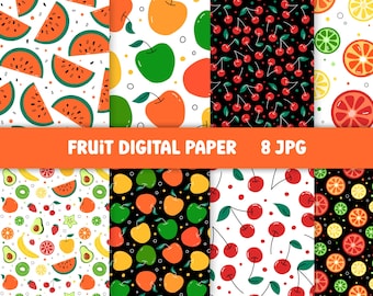 Obst Digitales Papier | Lebensmittel Muster JPG Bundle | Äpfel, Wassermelone, Zitrus, Kirschbeeren Hintergrund | Niedliche Scrapbook Papier Sammlung