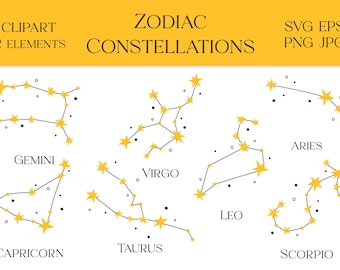 Sternzeichen Konstellationen Clipart PNG | Zwölf Sternzeichen EPS SVG | Astrologische Symbole Clip Art Bundle | Digitaler Download